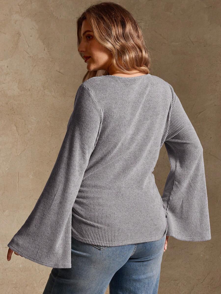 Elegantrix Plus Size Women Loose Collar Flare Sleeve Gathered Waist Ruched Chiffon Knit Casual Top, Autumn/Winter