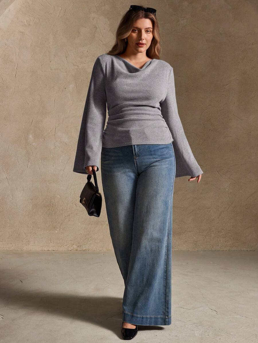 Elegantrix Plus Size Women Loose Collar Flare Sleeve Gathered Waist Ruched Chiffon Knit Casual Top, Autumn/Winter