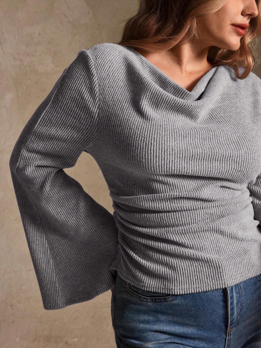 Elegantrix Plus Size Women Loose Collar Flare Sleeve Gathered Waist Ruched Chiffon Knit Casual Top, Autumn/Winter