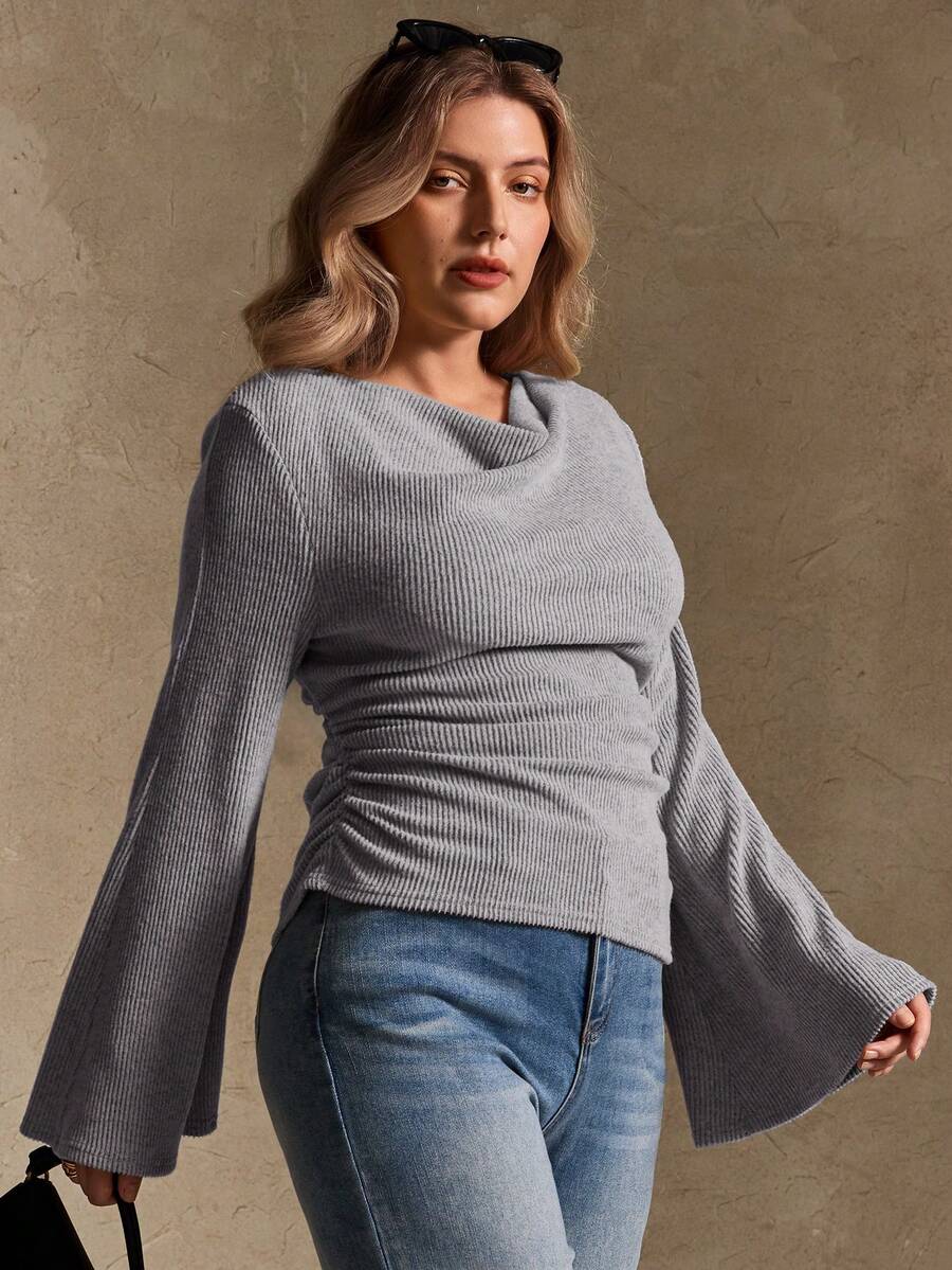 Elegantrix Plus Size Women Loose Collar Flare Sleeve Gathered Waist Ruched Chiffon Knit Casual Top, Autumn/Winter