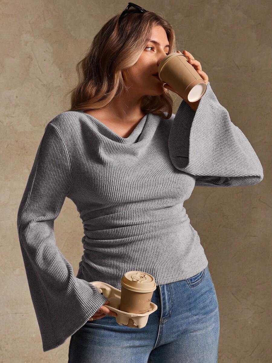 Elegantrix Plus Size Women Loose Collar Flare Sleeve Gathered Waist Ruched Chiffon Knit Casual Top, Autumn/Winter