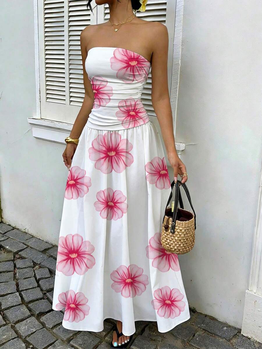 MainGRL Women's Polka Dot Print Waist Cinched Bandeau Dress, Vacation Style,Dresses For Women Casual Sun Dress Long Brown Long Dress Brown Sundress Brown Maxi Dress Brown Polka Dot Dress