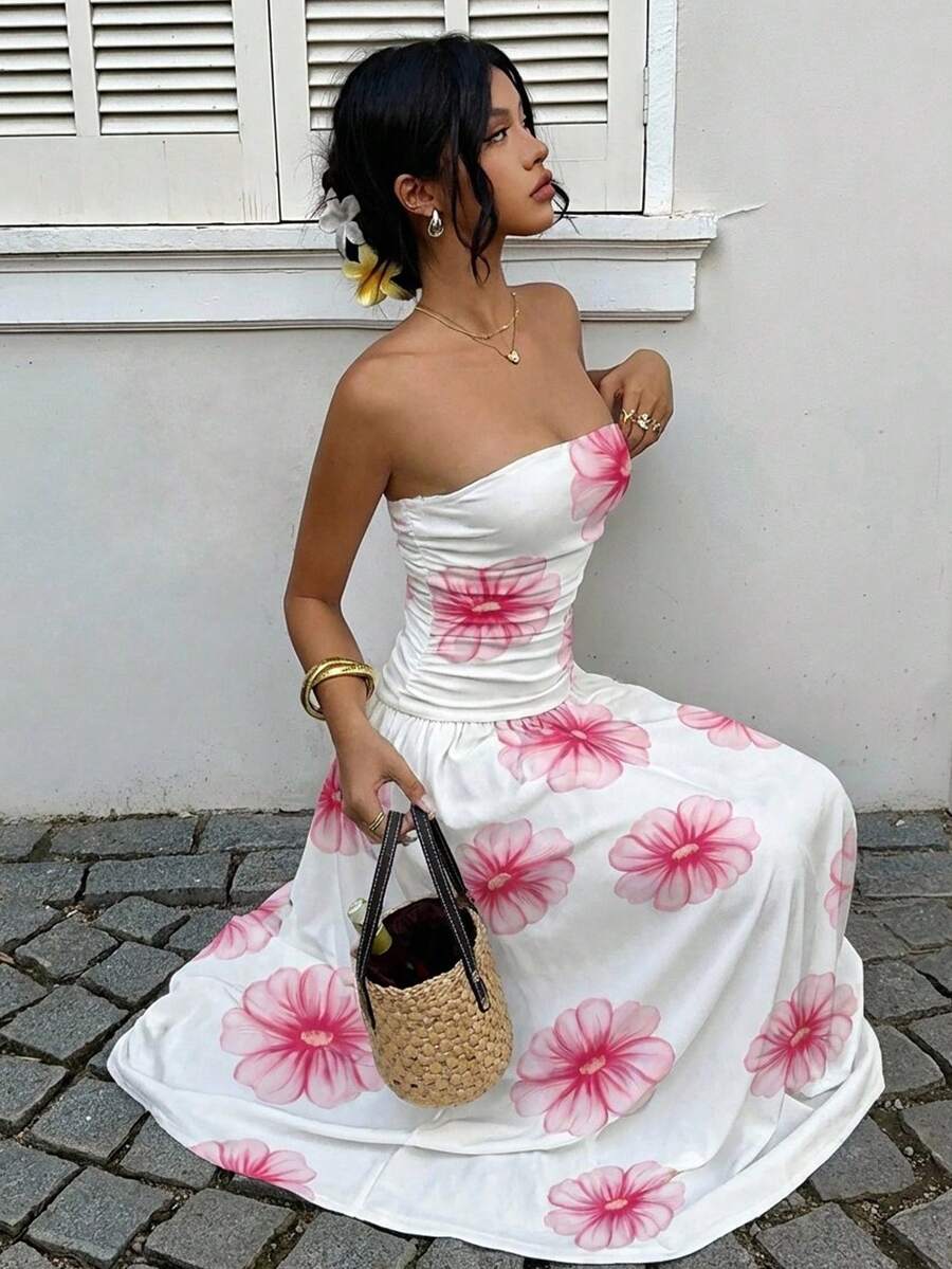 MainGRL Women's Polka Dot Print Waist Cinched Bandeau Dress, Vacation Style,Dresses For Women Casual Sun Dress Long Brown Long Dress Brown Sundress Brown Maxi Dress Brown Polka Dot Dress