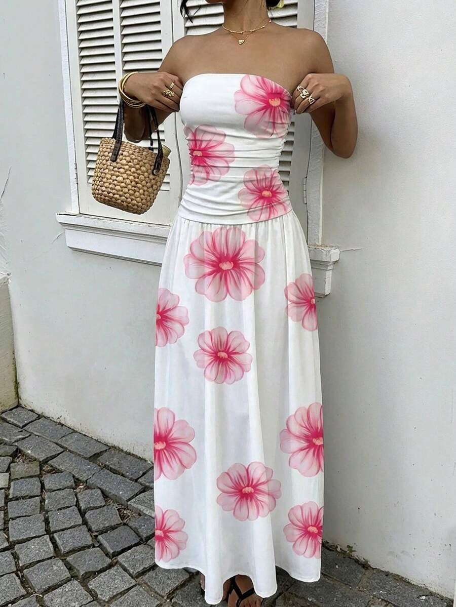 MainGRL Women's Polka Dot Print Waist Cinched Bandeau Dress, Vacation Style,Dresses For Women Casual Sun Dress Long Brown Long Dress Brown Sundress Brown Maxi Dress Brown Polka Dot Dress