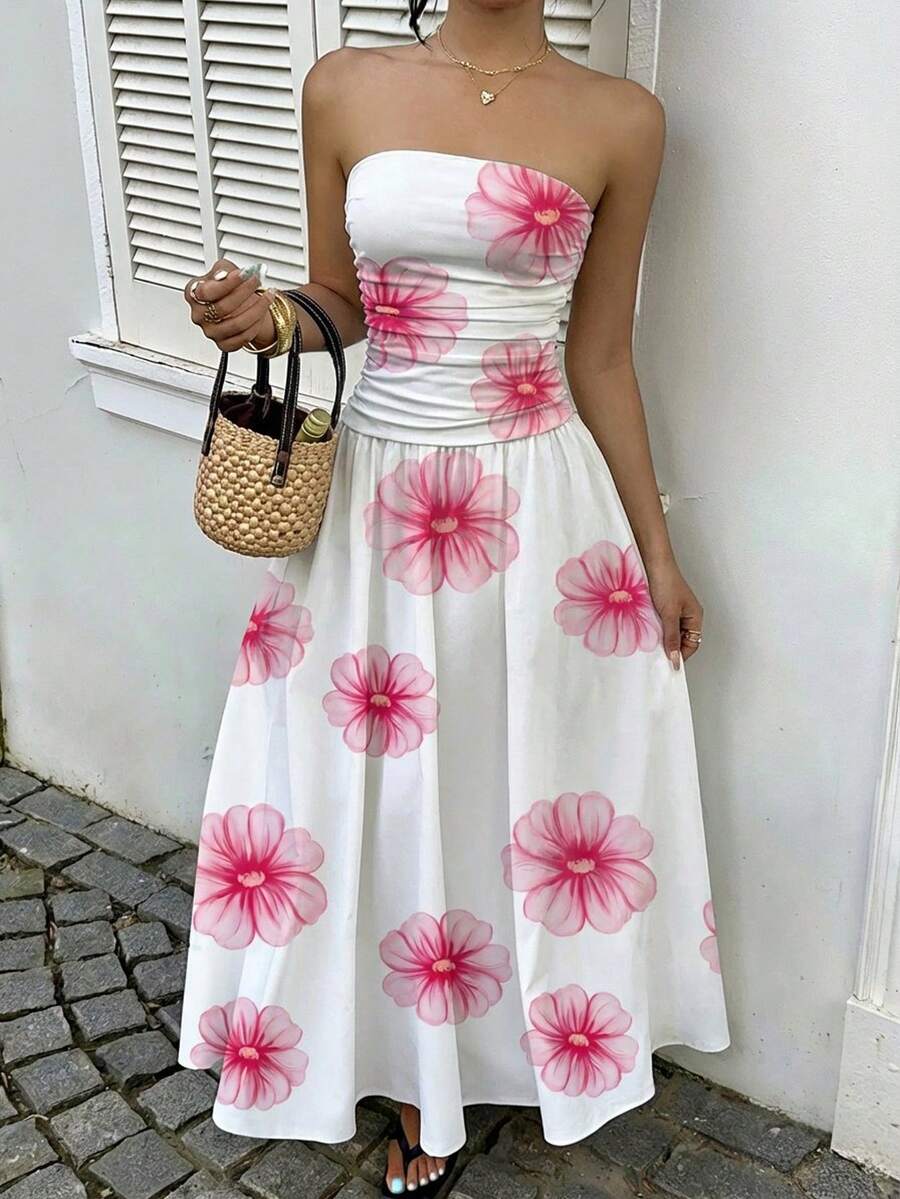 MainGRL Women's Polka Dot Print Waist Cinched Bandeau Dress, Vacation Style,Dresses For Women Casual Sun Dress Long Brown Long Dress Brown Sundress Brown Maxi Dress Brown Polka Dot Dress