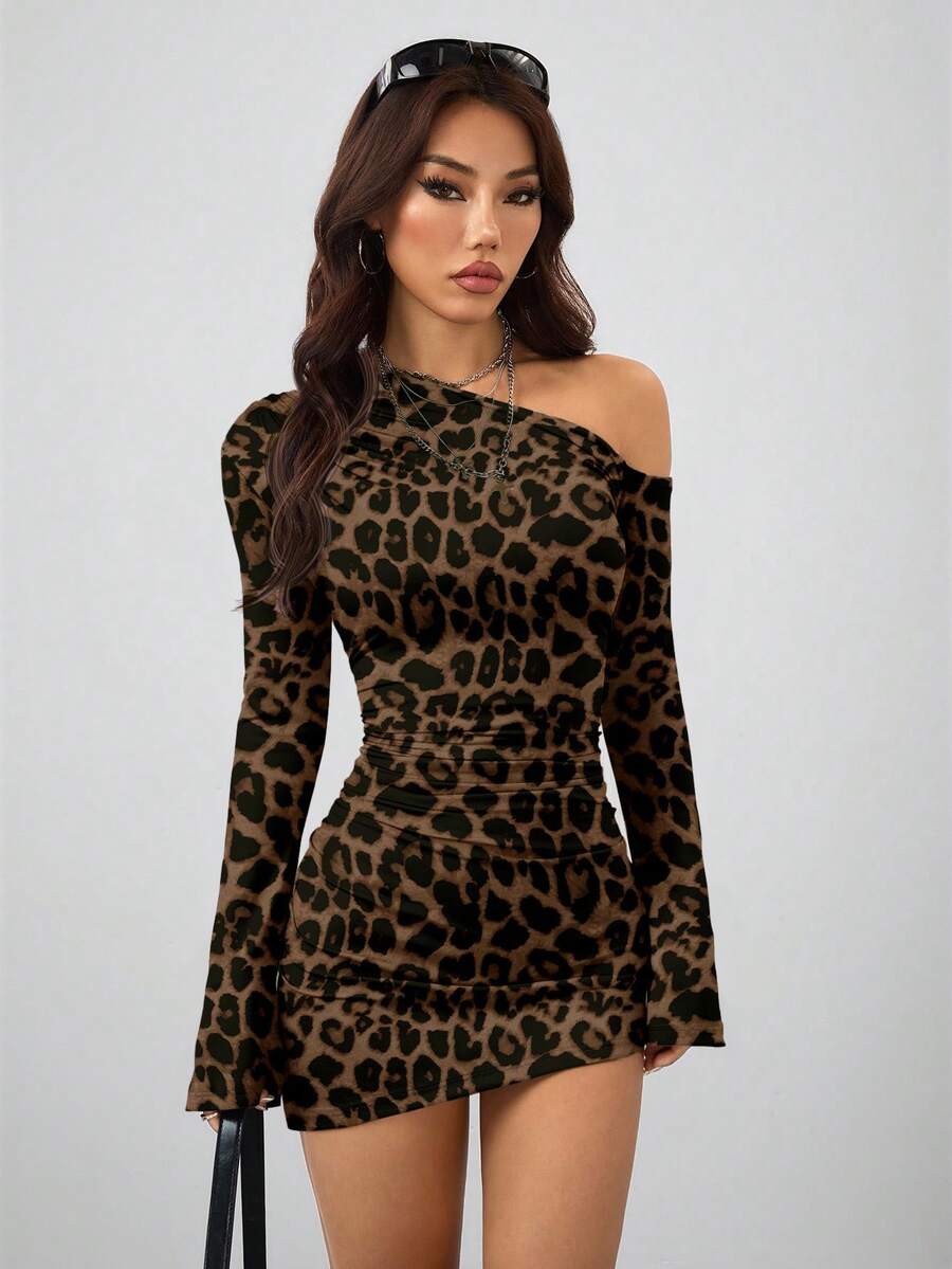 Coolane Women's Spring New Year Eve Date Night Coquette Rib Knit Ruched Asymmetrical Neck Slim Fit Skirts Mini Ruched Dresses For Elegant,Valentine's Day, Nye Outfit,Summer Dresses For Women