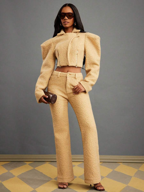NYA SZN Amala Pant High Rise Slim Mini Flare Faux Fur Cream Winter Spring Valentines Day Statement Cool Girl Streetwear Elegant Party Special Occasion Event Beige Carnival Outfits For Women