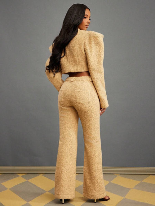 NYA SZN Amala Pant High Rise Slim Mini Flare Faux Fur Cream Winter Spring Valentines Day Statement Cool Girl Streetwear Elegant Party Special Occasion Event Beige Carnival Outfits For Women