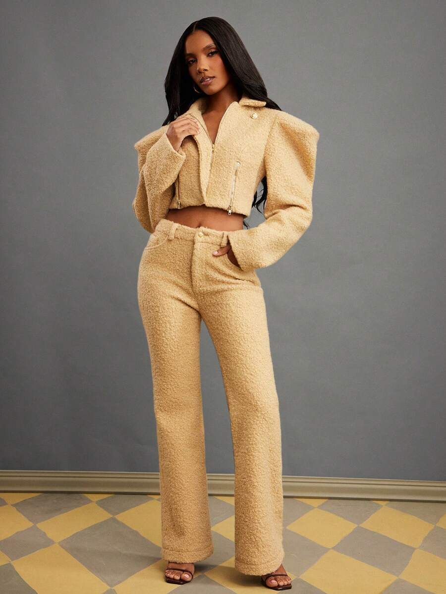 NYA SZN Amala Pant High Rise Slim Mini Flare Faux Fur Cream Winter Spring Valentines Day Statement Cool Girl Streetwear Elegant Party Special Occasion Event Beige Carnival Outfits For Women