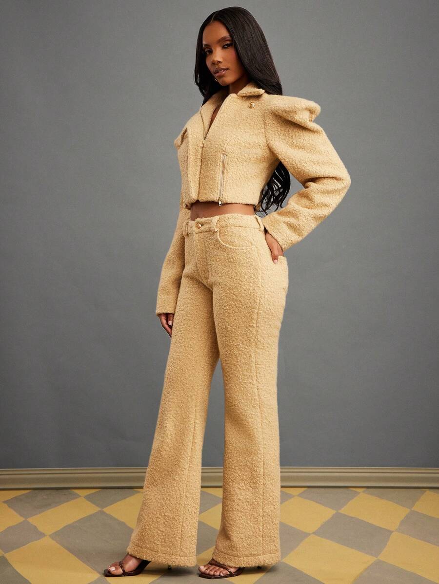 NYA SZN Amala Pant High Rise Slim Mini Flare Faux Fur Cream Winter Spring Valentines Day Statement Cool Girl Streetwear Elegant Party Special Occasion Event Beige Carnival Outfits For Women