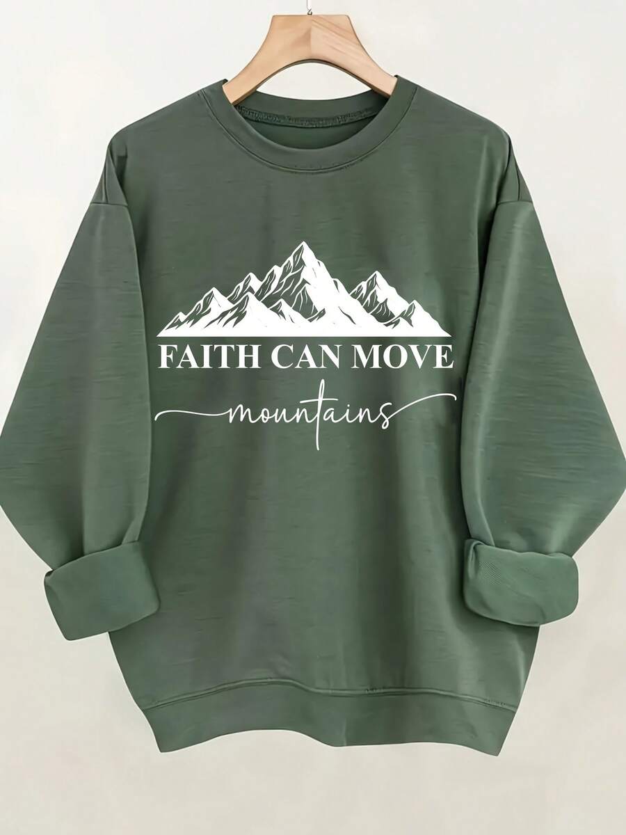 Graphic TeePlus Size - Plus Size Faith Mountain Inspirational Pink Women'S Crewneck Sweatshirt |   "FAITH CAN MOVE Mountains" Text, White Snow Mountain Pattern Design, Casual Oversized Fit, Long Sleeve, Slight Stretch Fabric, All Seasons, BANGELY Brandgifts For Mom-Free Shipping
