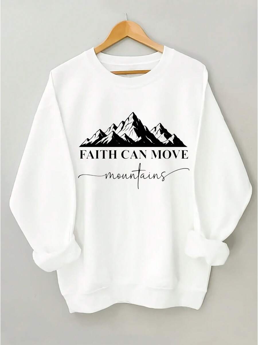 Graphic TeePlus Size - Plus Size Faith Mountain Inspirational Pink Women'S Crewneck Sweatshirt |   "FAITH CAN MOVE Mountains" Text, White Snow Mountain Pattern Design, Casual Oversized Fit, Long Sleeve, Slight Stretch Fabric, All Seasons, BANGELY Brandgifts For Mom-Free Shipping