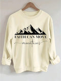 Graphic TeePlus Size - Plus Size Faith Mountain Inspirational Pink Women'S Crewneck Sweatshirt |   "FAITH CAN MOVE Mountains" Text, White Snow Mountain Pattern Design, Casual Oversized Fit, Long Sleeve, Slight Stretch Fabric, All Seasons, BANGELY Brandgifts For Mom-Free Shipping