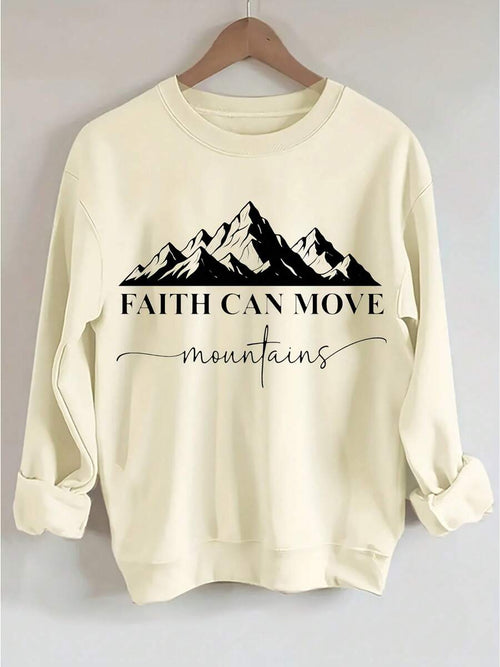 Graphic TeePlus Size - Plus Size Faith Mountain Inspirational Pink Women'S Crewneck Sweatshirt |   "FAITH CAN MOVE Mountains" Text, White Snow Mountain Pattern Design, Casual Oversized Fit, Long Sleeve, Slight Stretch Fabric, All Seasons, BANGELY Brandgifts For Mom-Free Shipping