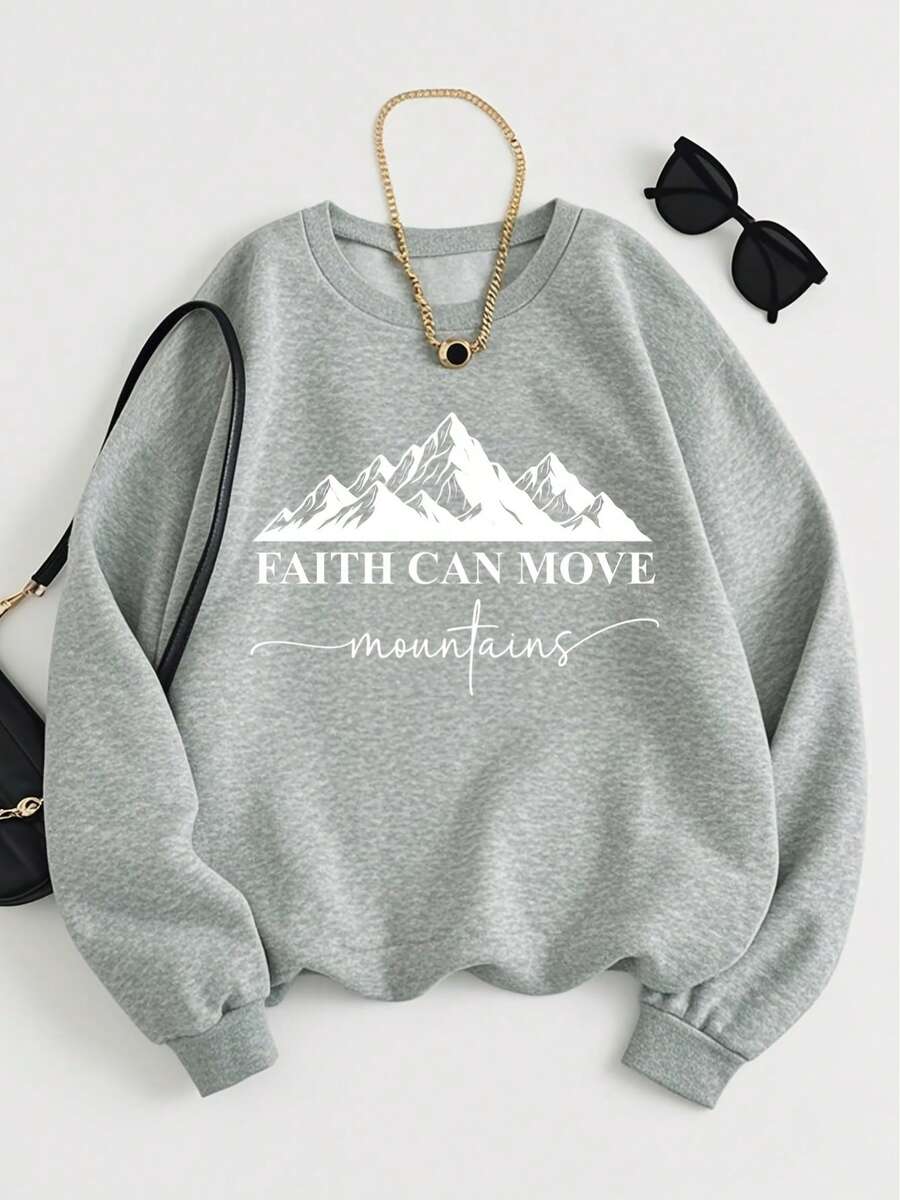 Graphic TeePlus Size - Plus Size Faith Mountain Inspirational Pink Women'S Crewneck Sweatshirt |   "FAITH CAN MOVE Mountains" Text, White Snow Mountain Pattern Design, Casual Oversized Fit, Long Sleeve, Slight Stretch Fabric, All Seasons, BANGELY Brandgifts For Mom-Free Shipping