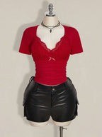 SHEIN ICON Plus Size V-Neck Lace Patchwork Waist Ruched Fitted Knit Top, Sexy T-Shirt For Spring/Summer, Wedding Guest Top