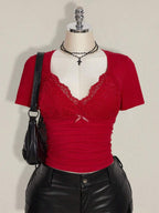 SHEIN ICON Plus Size V-Neck Lace Patchwork Waist Ruched Fitted Knit Top, Sexy T-Shirt For Spring/Summer, Wedding Guest Top