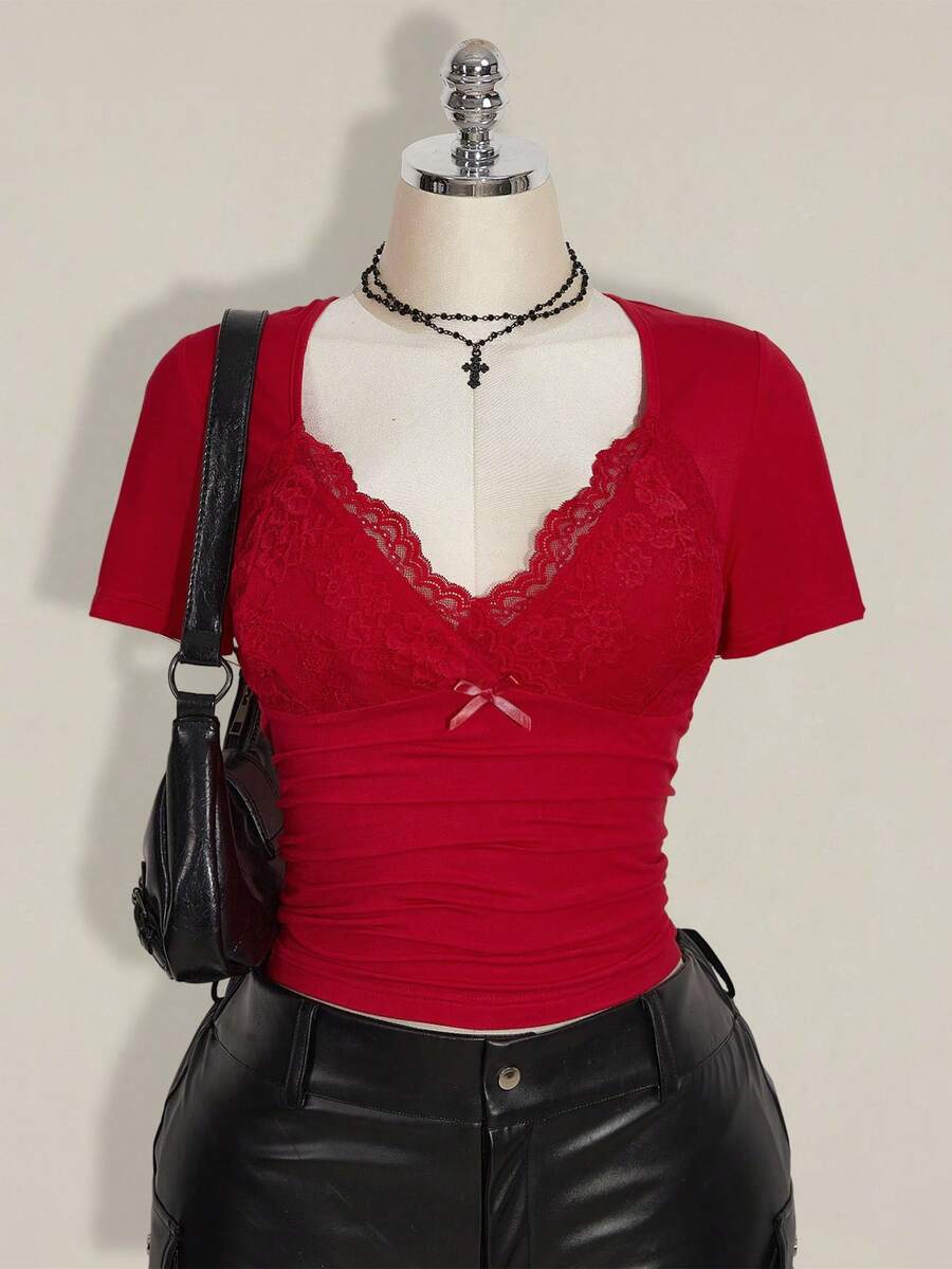 SHEIN ICON Plus Size V-Neck Lace Patchwork Waist Ruched Fitted Knit Top, Sexy T-Shirt For Spring/Summer, Wedding Guest Top