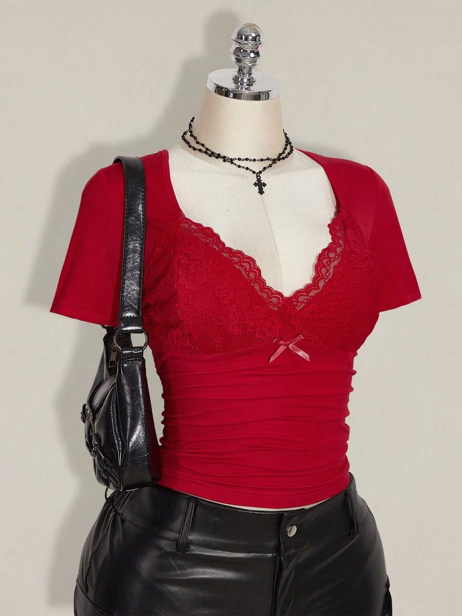 SHEIN ICON Plus Size V-Neck Lace Patchwork Waist Ruched Fitted Knit Top, Sexy T-Shirt For Spring/Summer, Wedding Guest Top