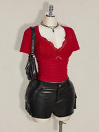 SHEIN ICON Plus Size V-Neck Lace Patchwork Waist Ruched Fitted Knit Top, Sexy T-Shirt For Spring/Summer, Wedding Guest Top