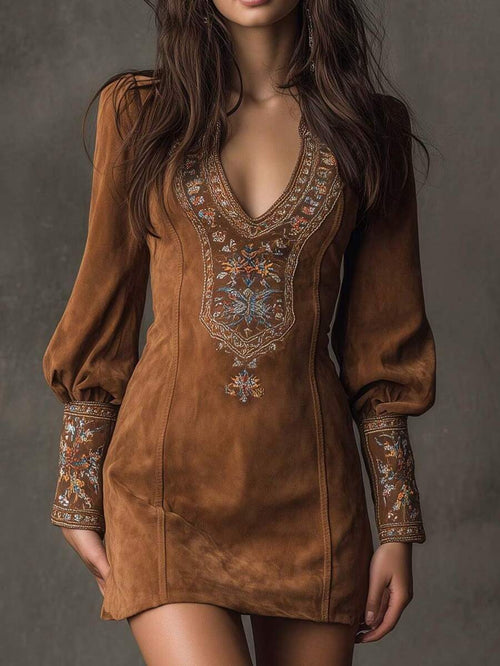 Women Deep V Neck Long Sleeve Dress Embroidery Detail Puff Sleeve Mini Dress