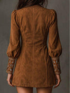 Women Deep V Neck Long Sleeve Dress Embroidery Detail Puff Sleeve Mini Dress