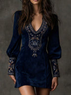 Women Deep V Neck Long Sleeve Dress Embroidery Detail Puff Sleeve Mini Dress