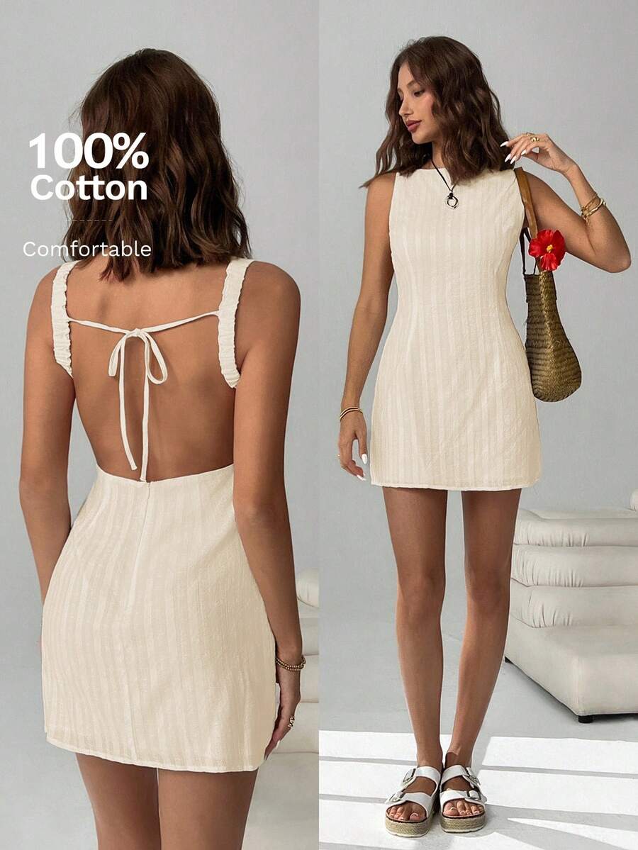 Easelle Women's Solid Color Backless Lace-Up Sleeveless Mini Summer Dress