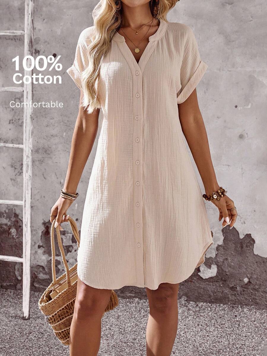 EMERY ROSE Solid Notched Button Front Batwing Sleeve Shirt Dress,Summer Dresses For Women