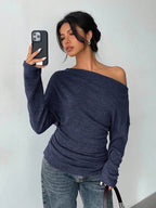 Aloruh Grey Knit Oblique Shoulder Casual Commuter Top, Autumn,Solid Color T-Shirt,Long-Sleeved T-Shirt,Old Money Style,Simple,Commuting,Business Casual Outfits Women,Office Outfits For Women,Work Tops,Fall Clothes,Autumn Outfits For Women,Off The Shoulder Top