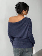 Aloruh Grey Knit Oblique Shoulder Casual Commuter Top, Autumn,Solid Color T-Shirt,Long-Sleeved T-Shirt,Old Money Style,Simple,Commuting,Business Casual Outfits Women,Office Outfits For Women,Work Tops,Fall Clothes,Autumn Outfits For Women,Off The Shoulder Top