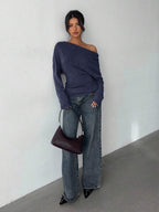 Aloruh Grey Knit Oblique Shoulder Casual Commuter Top, Autumn,Solid Color T-Shirt,Long-Sleeved T-Shirt,Old Money Style,Simple,Commuting,Business Casual Outfits Women,Office Outfits For Women,Work Tops,Fall Clothes,Autumn Outfits For Women,Off The Shoulder Top