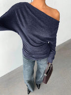 Aloruh Grey Knit Oblique Shoulder Casual Commuter Top, Autumn,Solid Color T-Shirt,Long-Sleeved T-Shirt,Old Money Style,Simple,Commuting,Business Casual Outfits Women,Office Outfits For Women,Work Tops,Fall Clothes,Autumn Outfits For Women,Off The Shoulder Top