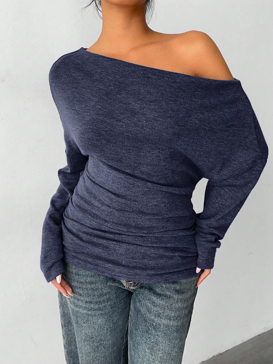 Aloruh Grey Knit Oblique Shoulder Casual Commuter Top, Autumn,Solid Color T-Shirt,Long-Sleeved T-Shirt,Old Money Style,Simple,Commuting,Business Casual Outfits Women,Office Outfits For Women,Work Tops,Fall Clothes,Autumn Outfits For Women,Off The Shoulder Top
