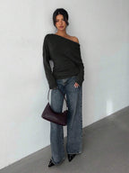 Aloruh Grey Knit Oblique Shoulder Casual Commuter Top, Autumn,Solid Color T-Shirt,Long-Sleeved T-Shirt,Old Money Style,Simple,Commuting,Business Casual Outfits Women,Office Outfits For Women,Work Tops,Fall Clothes,Autumn Outfits For Women,Off The Shoulder Top