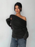 Aloruh Grey Knit Oblique Shoulder Casual Commuter Top, Autumn,Solid Color T-Shirt,Long-Sleeved T-Shirt,Old Money Style,Simple,Commuting,Business Casual Outfits Women,Office Outfits For Women,Work Tops,Fall Clothes,Autumn Outfits For Women,Off The Shoulder Top