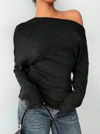 Aloruh Grey Knit Oblique Shoulder Casual Commuter Top, Autumn,Solid Color T-Shirt,Long-Sleeved T-Shirt,Old Money Style,Simple,Commuting,Business Casual Outfits Women,Office Outfits For Women,Work Tops,Fall Clothes,Autumn Outfits For Women,Off The Shoulder Top