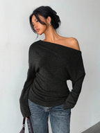 Aloruh Grey Knit Oblique Shoulder Casual Commuter Top, Autumn,Solid Color T-Shirt,Long-Sleeved T-Shirt,Old Money Style,Simple,Commuting,Business Casual Outfits Women,Office Outfits For Women,Work Tops,Fall Clothes,Autumn Outfits For Women,Off The Shoulder Top