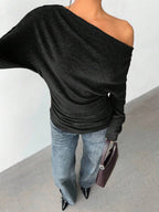 Aloruh Grey Knit Oblique Shoulder Casual Commuter Top, Autumn,Solid Color T-Shirt,Long-Sleeved T-Shirt,Old Money Style,Simple,Commuting,Business Casual Outfits Women,Office Outfits For Women,Work Tops,Fall Clothes,Autumn Outfits For Women,Off The Shoulder Top