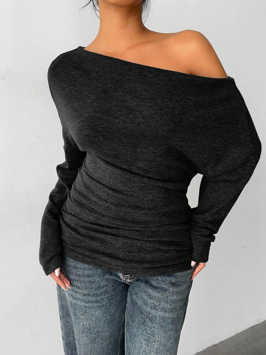 Aloruh Grey Knit Oblique Shoulder Casual Commuter Top, Autumn,Solid Color T-Shirt,Long-Sleeved T-Shirt,Old Money Style,Simple,Commuting,Business Casual Outfits Women,Office Outfits For Women,Work Tops,Fall Clothes,Autumn Outfits For Women,Off The Shoulder Top