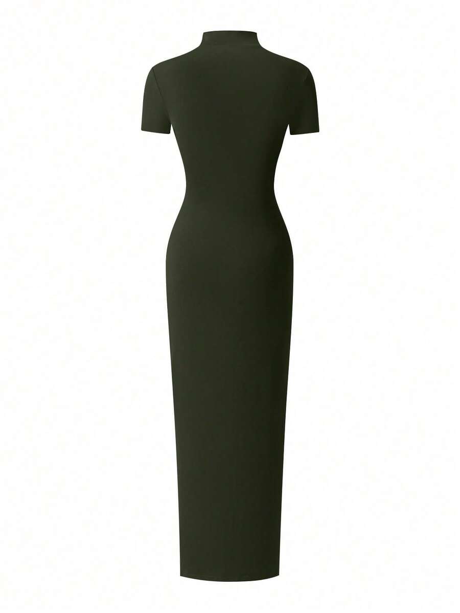 EARO Women's Long Slit Bodycon Dress, High-End Elegant Fashion Casual Versatile Layering Dress, TighRucheded Long Sleeve High Neck Knit Stretchy Mini Dress