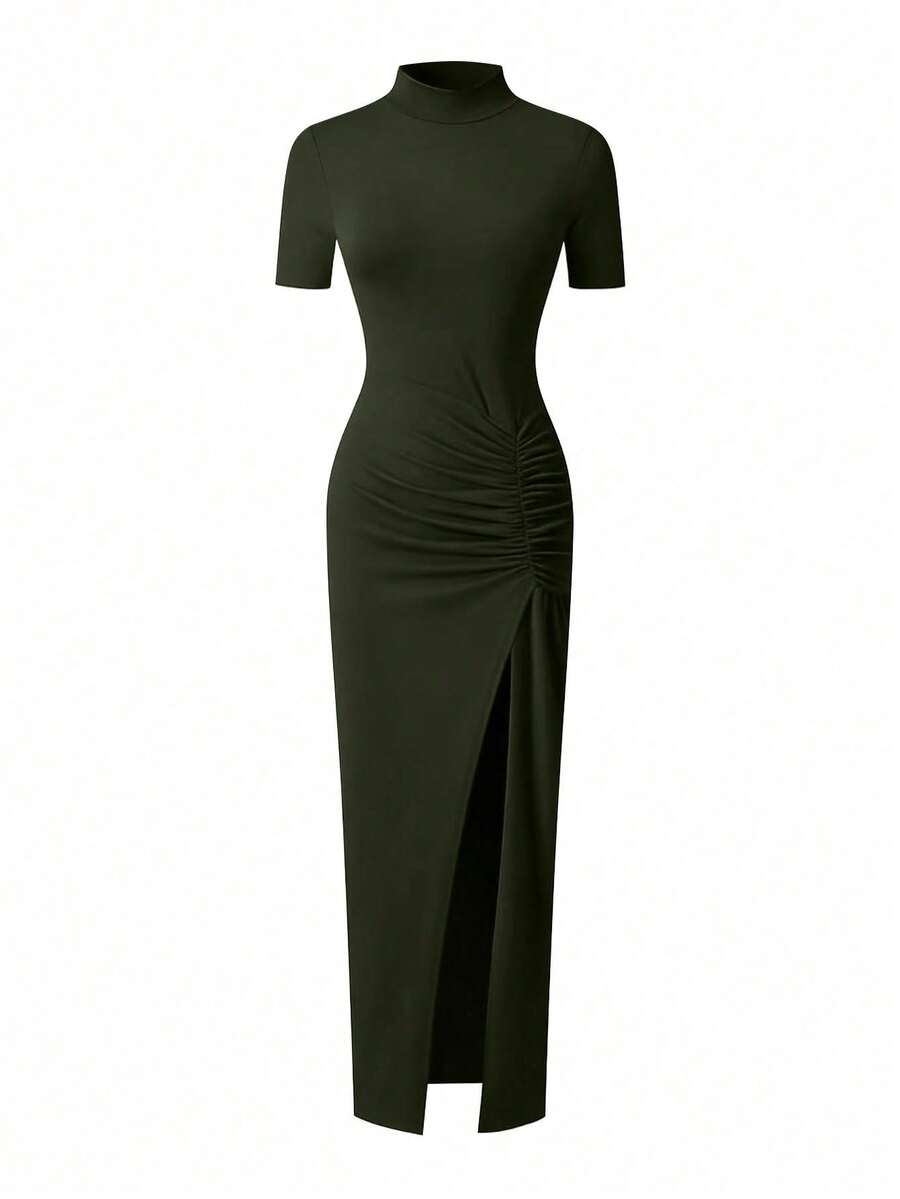 EARO Women's Long Slit Bodycon Dress, High-End Elegant Fashion Casual Versatile Layering Dress, TighRucheded Long Sleeve High Neck Knit Stretchy Mini Dress