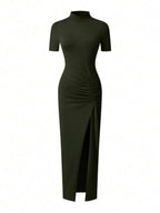 EARO Women's Long Slit Bodycon Dress, High-End Elegant Fashion Casual Versatile Layering Dress, TighRucheded Long Sleeve High Neck Knit Stretchy Mini Dress