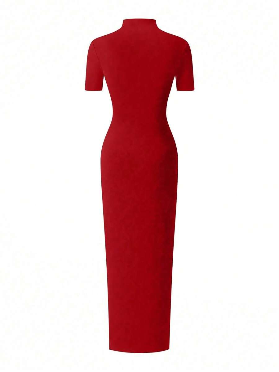 EARO Women's Long Slit Bodycon Dress, High-End Elegant Fashion Casual Versatile Layering Dress, TighRucheded Long Sleeve High Neck Knit Stretchy Mini Dress