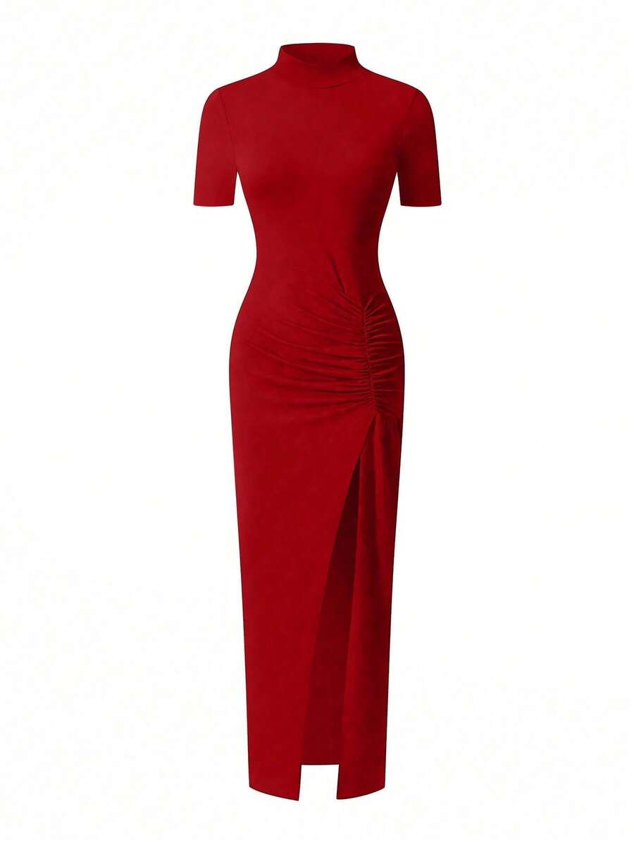 EARO Women's Long Slit Bodycon Dress, High-End Elegant Fashion Casual Versatile Layering Dress, TighRucheded Long Sleeve High Neck Knit Stretchy Mini Dress