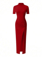 EARO Women's Long Slit Bodycon Dress, High-End Elegant Fashion Casual Versatile Layering Dress, TighRucheded Long Sleeve High Neck Knit Stretchy Mini Dress
