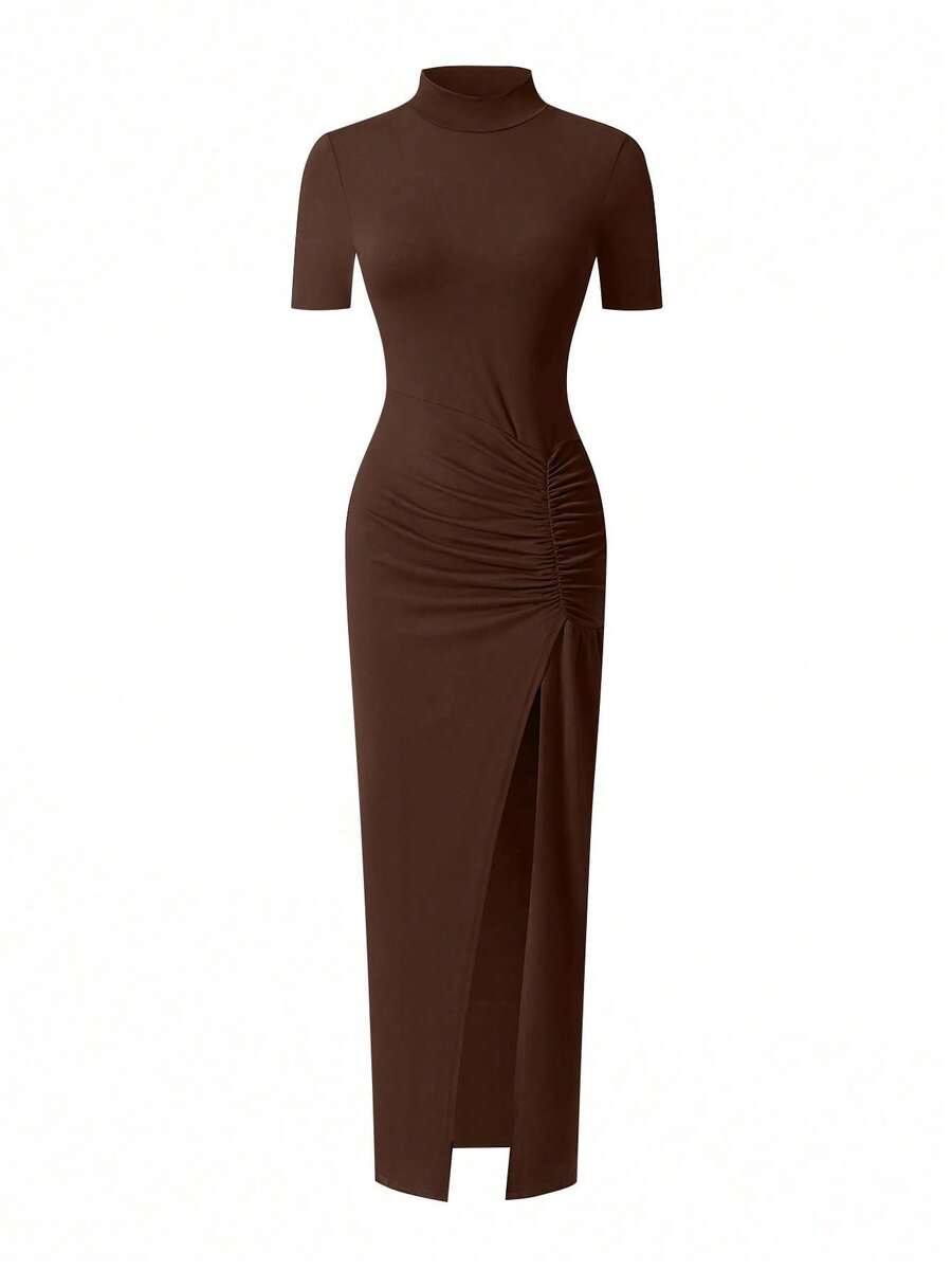EARO Women's Long Slit Bodycon Dress, High-End Elegant Fashion Casual Versatile Layering Dress, TighRucheded Long Sleeve High Neck Knit Stretchy Mini Dress