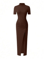 EARO Women's Long Slit Bodycon Dress, High-End Elegant Fashion Casual Versatile Layering Dress, TighRucheded Long Sleeve High Neck Knit Stretchy Mini Dress