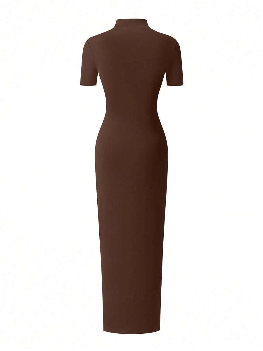 EARO Women's Long Slit Bodycon Dress, High-End Elegant Fashion Casual Versatile Layering Dress, TighRucheded Long Sleeve High Neck Knit Stretchy Mini Dress