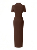 EARO Women's Long Slit Bodycon Dress, High-End Elegant Fashion Casual Versatile Layering Dress, TighRucheded Long Sleeve High Neck Knit Stretchy Mini Dress